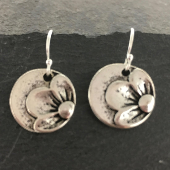 Antiqued Silver Disks With Flower Earrings