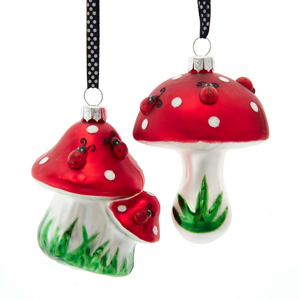 Set of Two 4" Glass Ladybug Mushroom Ornament