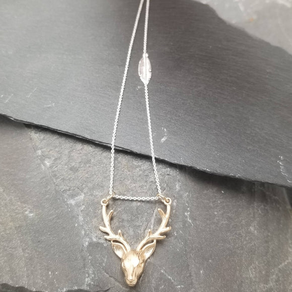 Gold Stag Head With Feather Chain Necklace