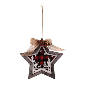 Wooden Red/Black Plaid Moose Scene Star Ornament