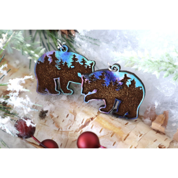 Aurora Bears Forest Engraved Wood Earrings