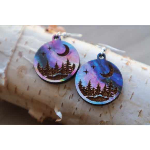 Aurora Moons Engraved Wood Earrings