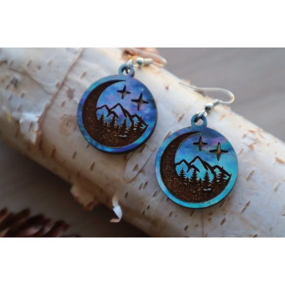 Aurora Mountains Moons and Stars Engraved Wood Earrings