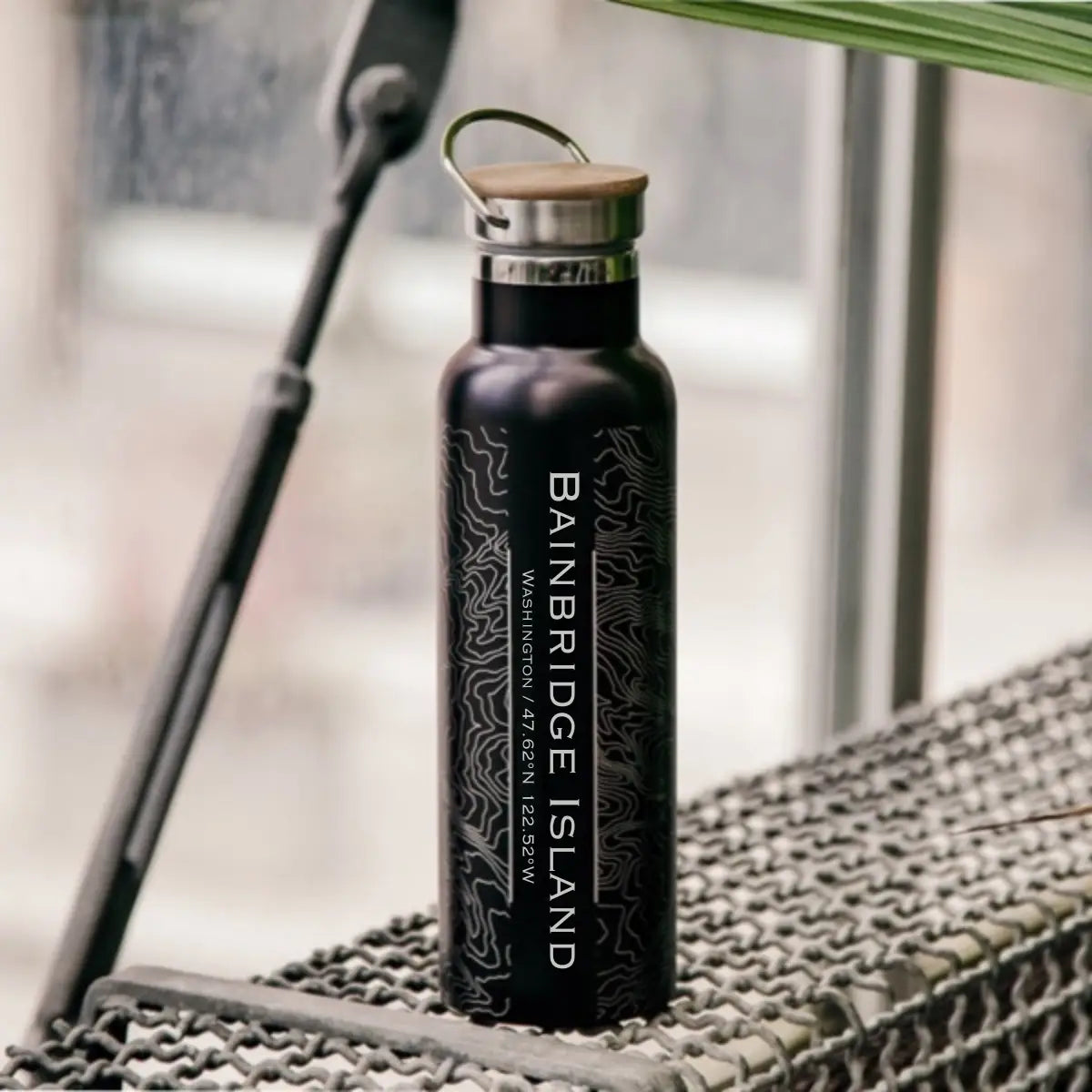 Bainbridge Island WA Map Bottle with Bamboo Top in Black