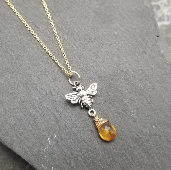 Honey Bee With Amber Drop Necklace