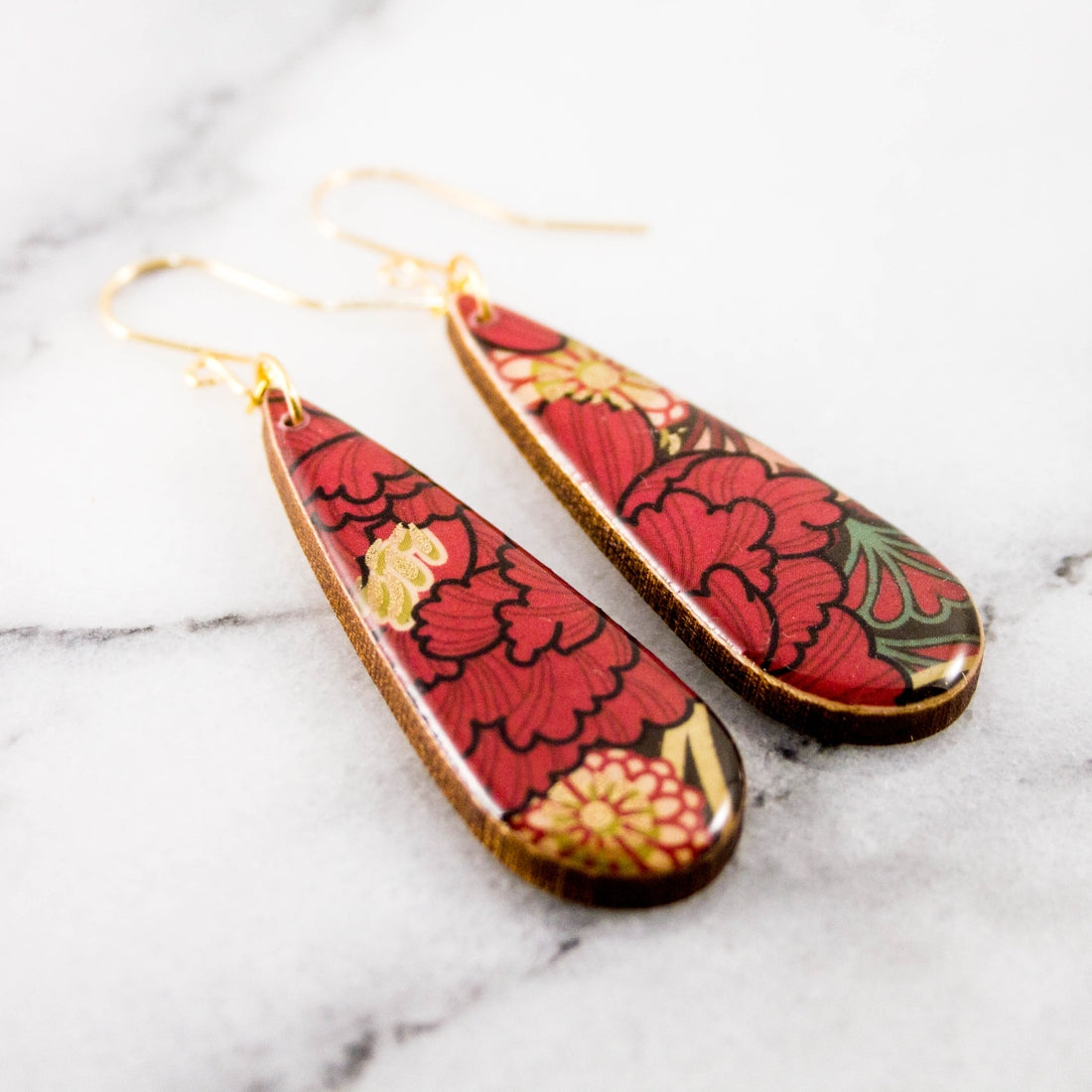 Black + Teal + Pink Japanese Floral Teardrop Earrings