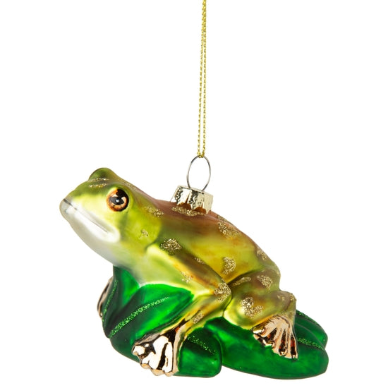 Blown glass frog on lily pad ornament, 4in 6