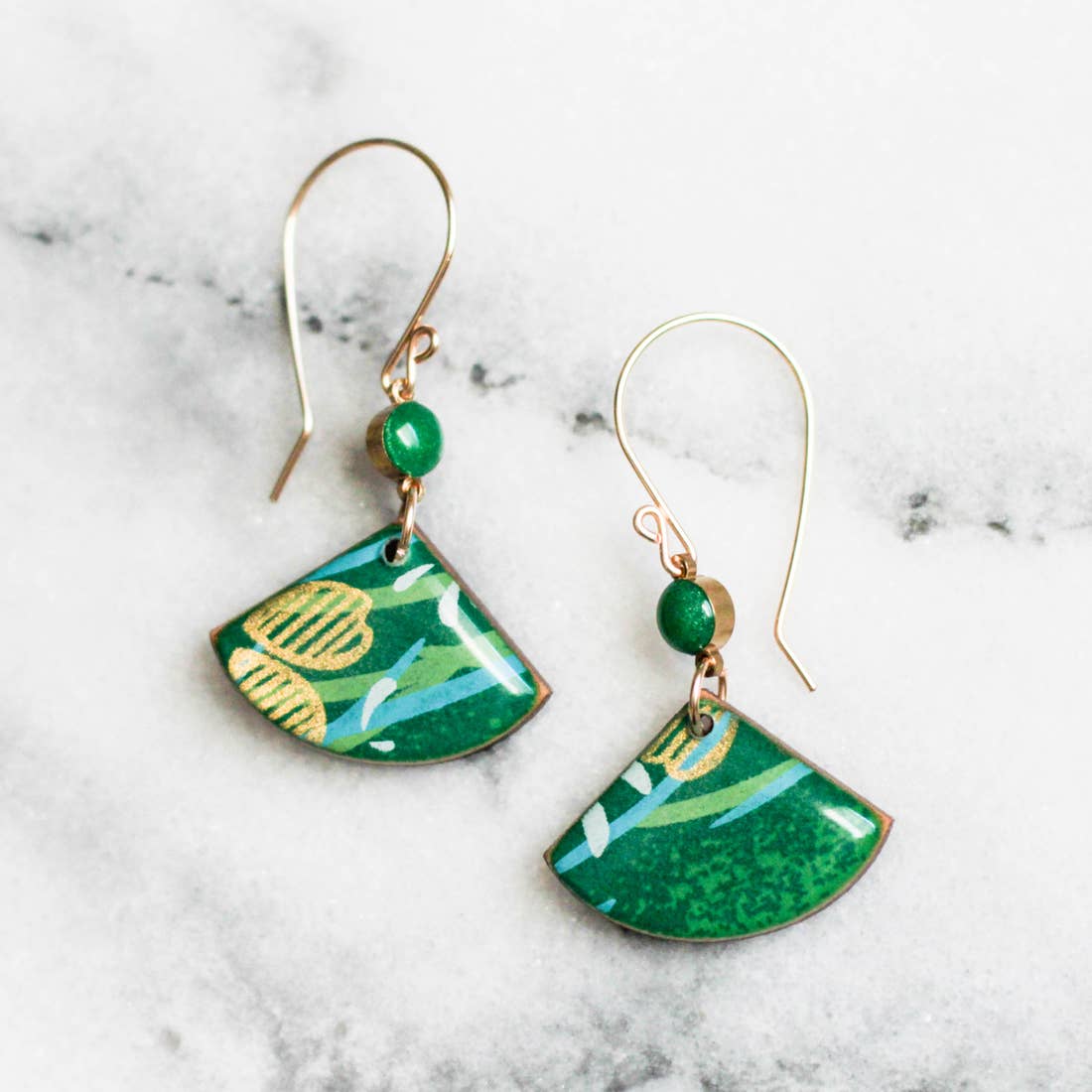 Bright Green + Gold Fan Earrings