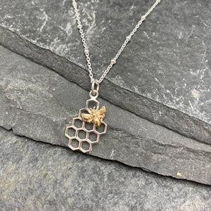 Bronze bee on sterling silver honeycomb pendant necklace
