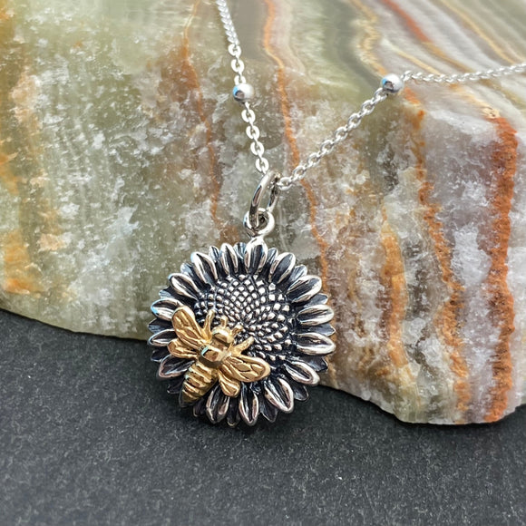 Bronze Bee on Sunflower Necklace