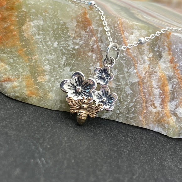 Bronze Bee on Silver Flower Cluster Necklace