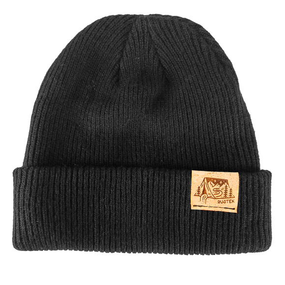 Black - Camping in Tent Merino Wool Beanie with Cork Leather Tag