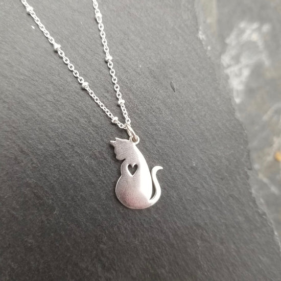 Cat With Heart Necklace Sterling Silver