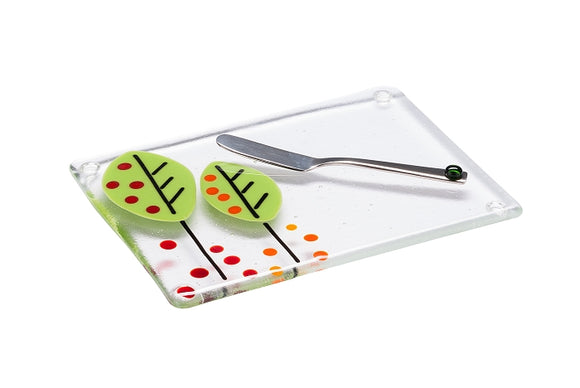 Fused glass cheese plate with knife apples and oranges series
