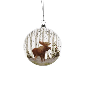 Clear/Green Glass Flat Ball Ornament with a Moose