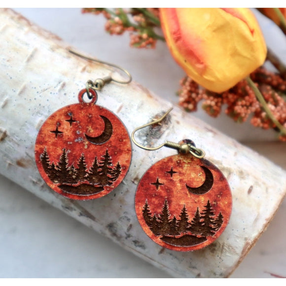 Copper Moons Forest Engraved Wood Earrings