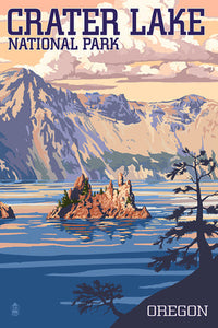 Crater Lake National Park, Oregon - Shoreline & Sunset - Painterly National Park Series [12x18 Print]
