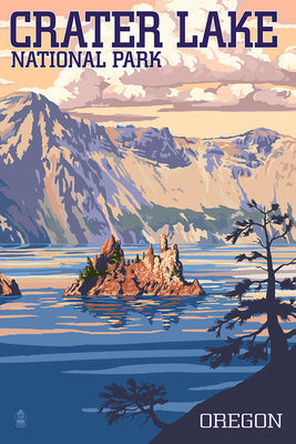 Crater Lake National Park, Oregon - Shoreline & Sunset - Painterly National Park Series [12x18 Print]