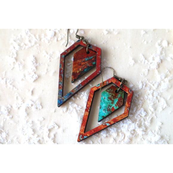 Diamond Cut Copper Patina Wood Earrings