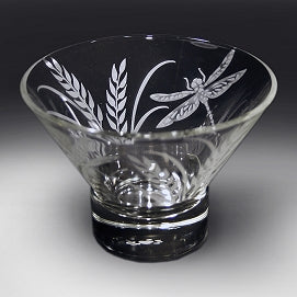 Dragonflies and Grass Etched on a Clear Small Bowl
