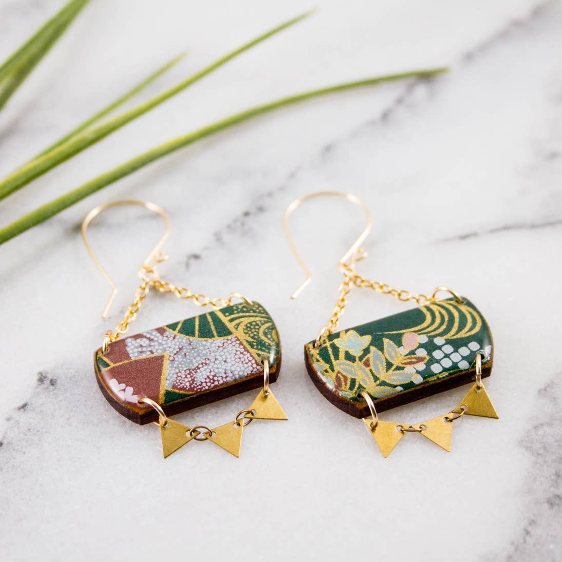 Festival Drop Earrings- Deep Green Floral