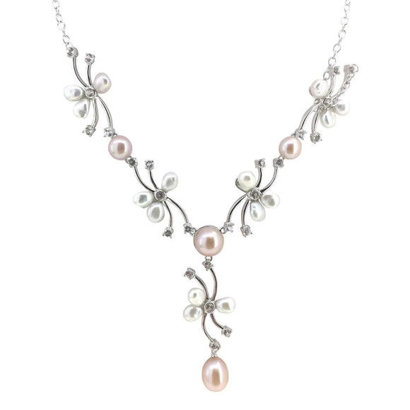 Freshwater Pearl & White Topaz Flower Necklace  White / Pearl
