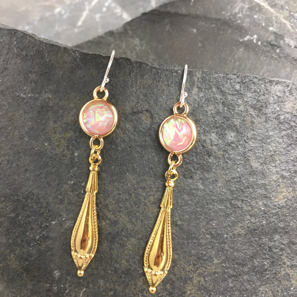 Gold Long Teardrop With pink Sparkle Earring