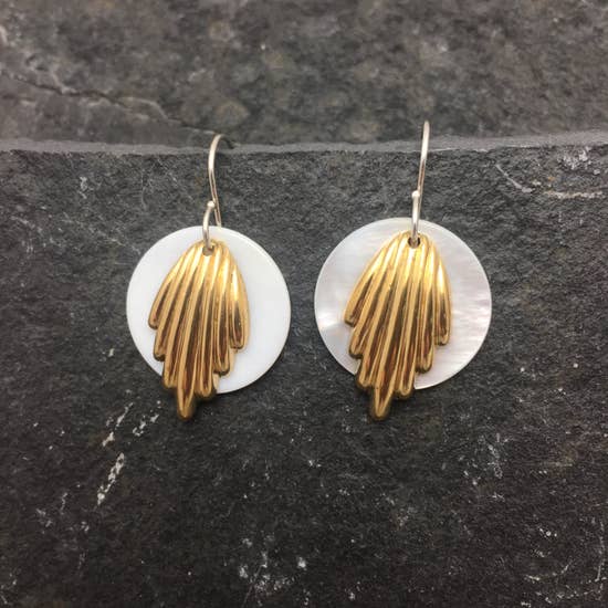 Gold Scallop With Mother Of Pearl Disk Earring