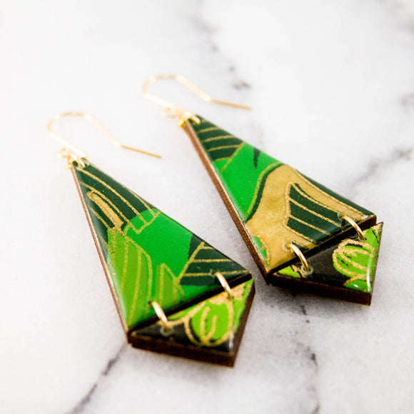 Green Tropical Leaf Double Triangle Earrings