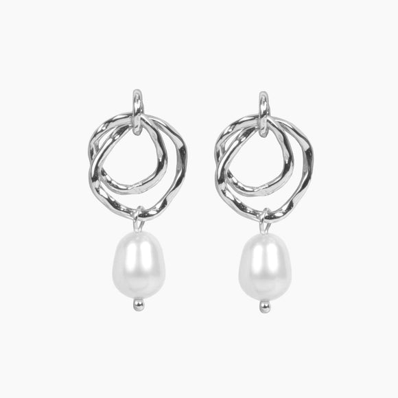 Hammered Double Circle Pearl Earrings (Silver)  Silver