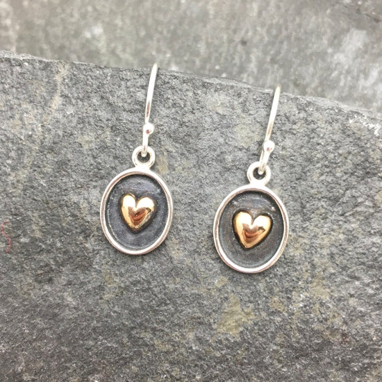 Sterling Silver Shadow Box With Bronze Heart Earrings