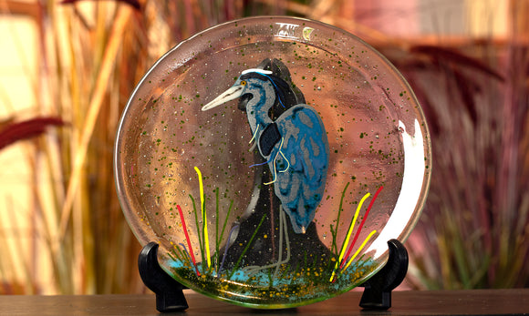Fused Glass Blue Heron Plate