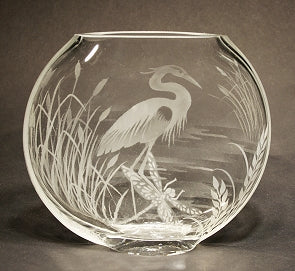Heron Cattails and Dragonflies on a Clear Medium Sphere Vase