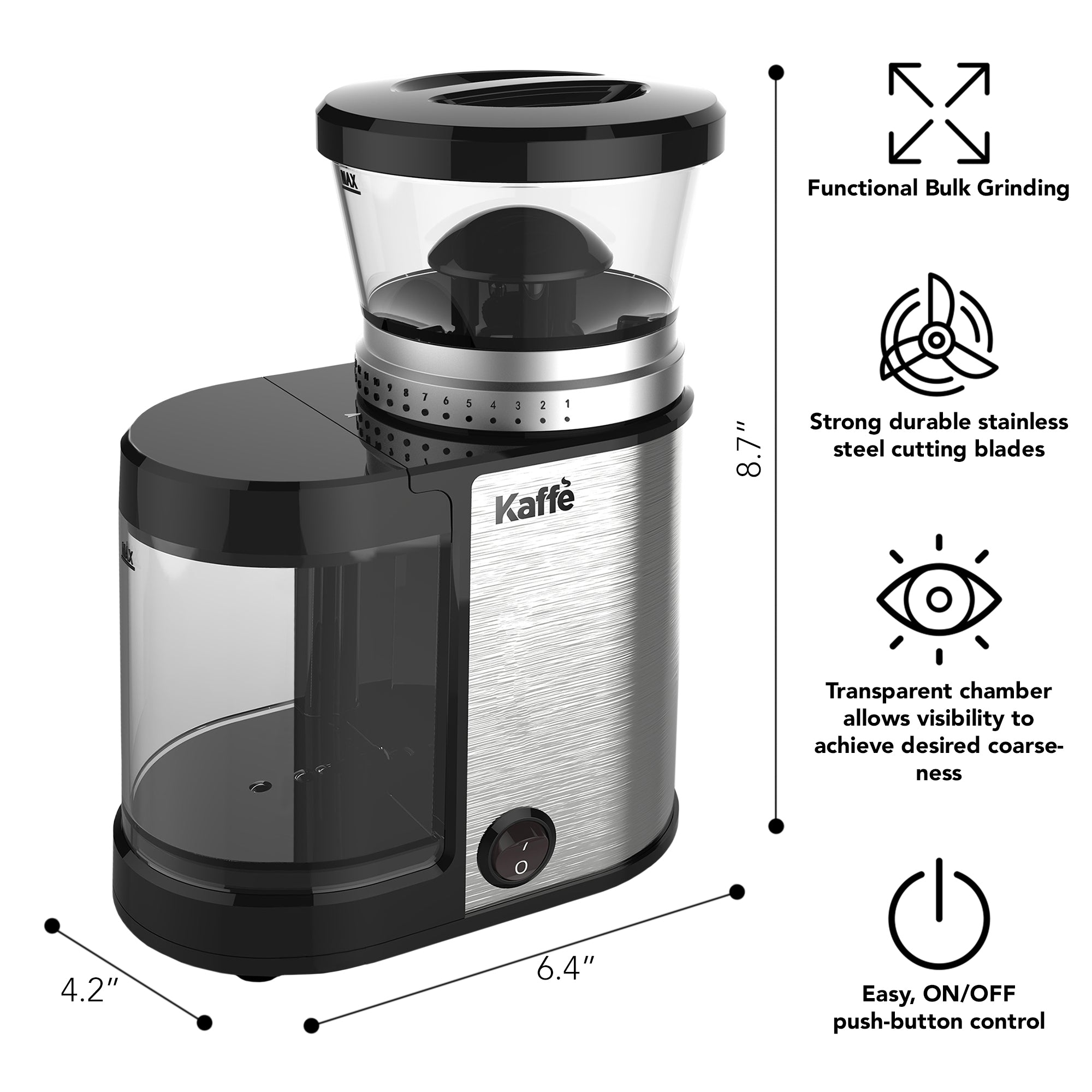 Kf8020 Kaffe Electric Burr Coffee Grinder Strong, Durable Stainless Steel - 4.5 oz Capacity, Silver