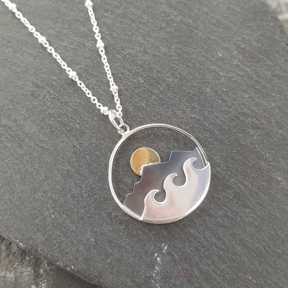 Large Silver Mountain And Ocean Pendant Necklace