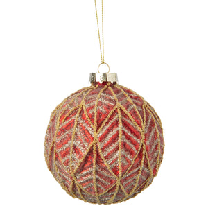 Molded glass ball, frosted red with gold glitter leaf