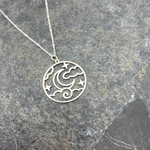 Moon, Stars, Clouds Outline Pendant Necklace