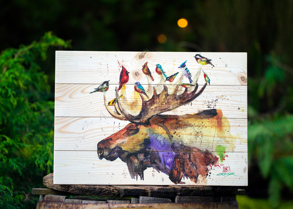 Moose and Birds Wood Print