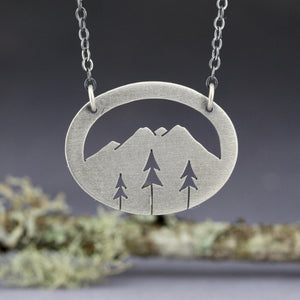 Mountain Silhouette + Three Open Pines Oval Pendant