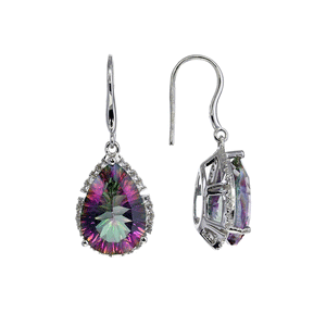 Mystic Quartz Teardrop Earrings in Sterling Silver with White Topaz Halo  Purple / Green / Pink, Color