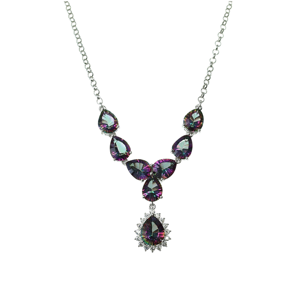 Mystic Quartz Teardrop Drop Necklace in Sterling Silver  Purple/Green/Pink, Color