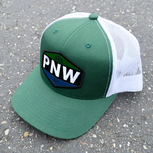PNW STMP | Patch Hat | Curbed Bill Trucker Hat (Green White)