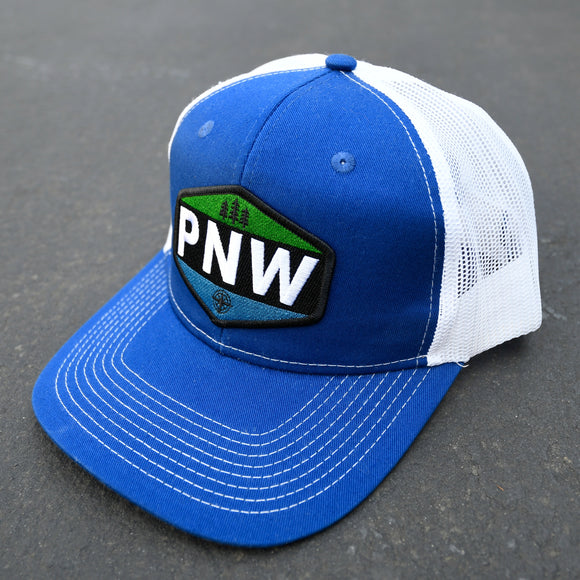 PNW STMP | Patch Hat | Curbed Bill Trucker Hat (Royal Blue)