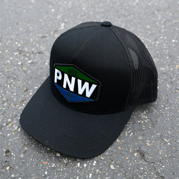 PNW STMP | Patch Hat | Curbed Bill Trucker Hat (BLACK)