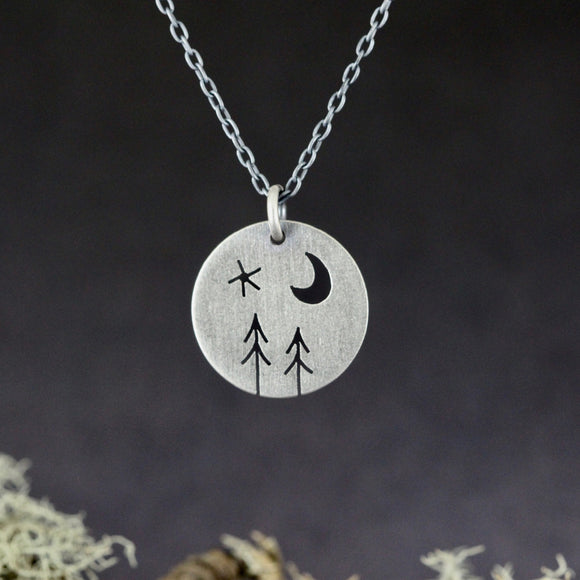 Two Pine + Star + Crescent Moon Round Pendant