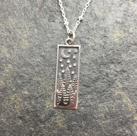 Silver Trees Under Crescent Moon Rectangle Pendant