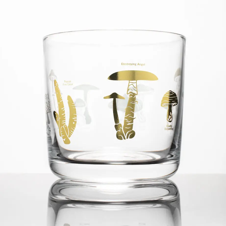 Poisonous Mushrooms Whiskey Glass  Gold Foil