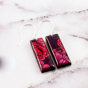 Purple Peony Rectangle Earrings