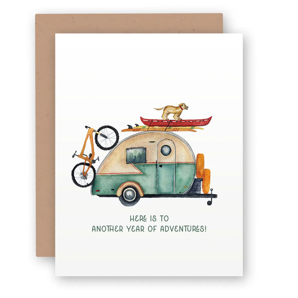 Adventure Awaits: Retro Teardrop Camper Anniversary/Birthday Single Card