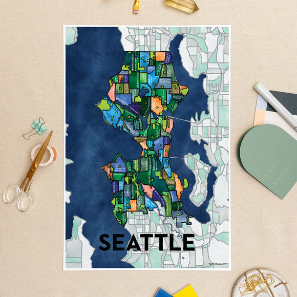 Seattle Neighborhoods Map Art Print